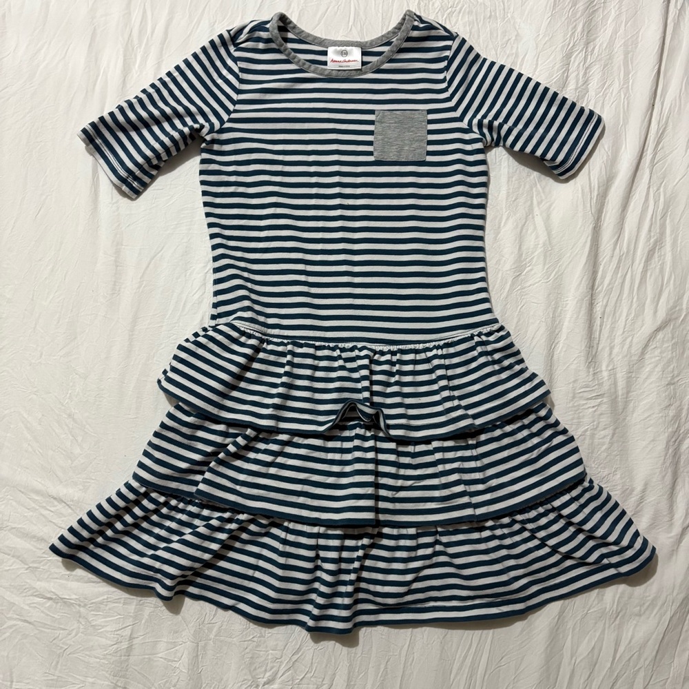 Hanna Andersson 130 Size 8 Girls Striped Short Sleeve Ruffle Dress Casual Blue